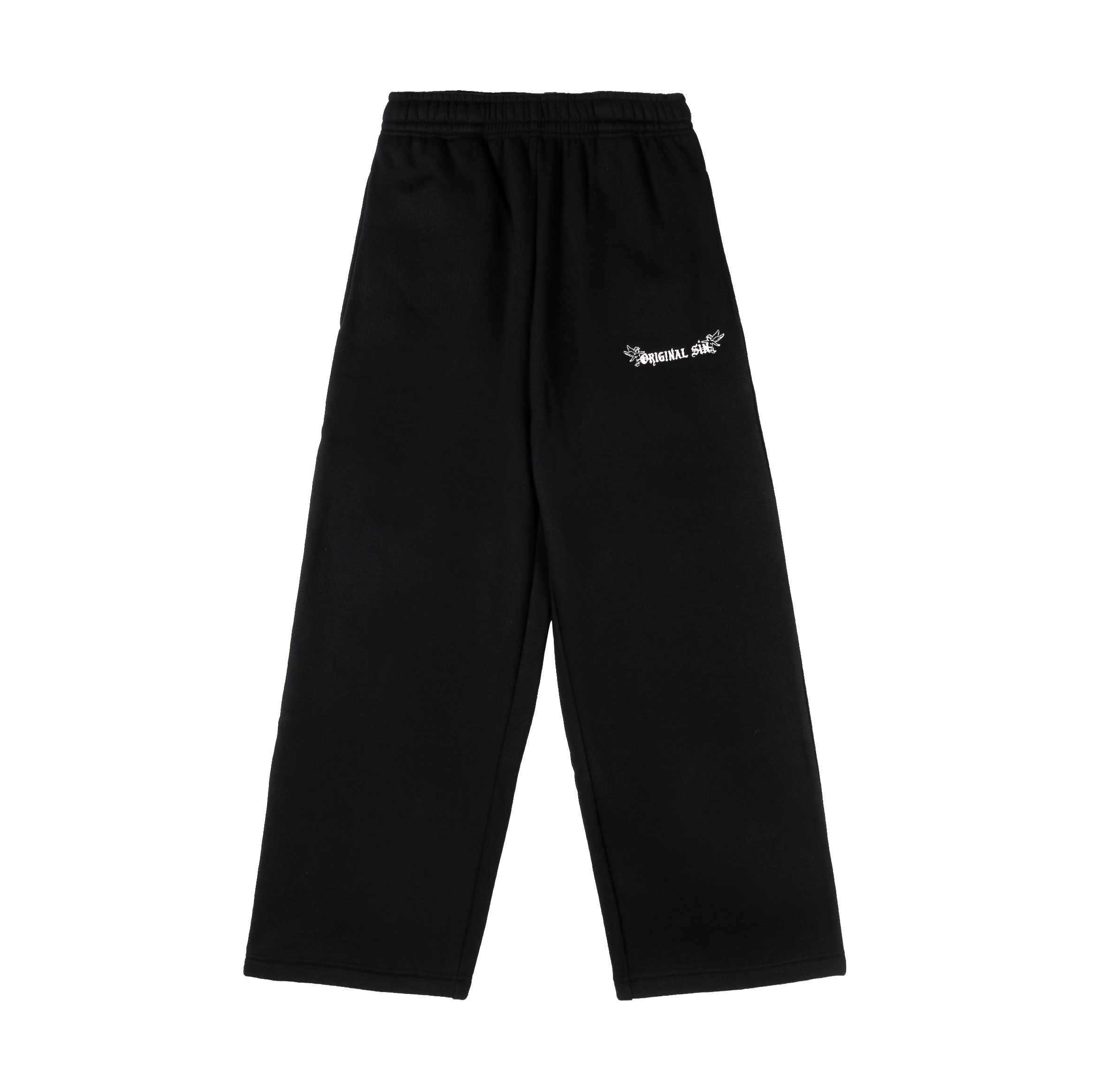 Black sweatpants with an elastic waistband and logo detail.