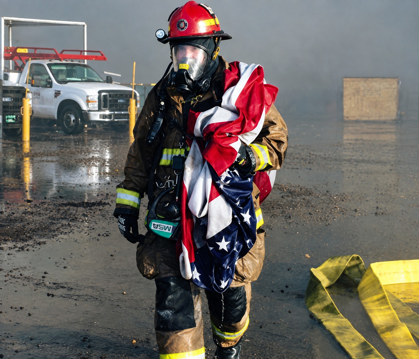 Firefighter carrying a flag, walking through a smoky environment.
