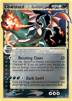 all the charizard cards Charizard Pokémon card with attacks Rotating Claws and Dark Swirl.