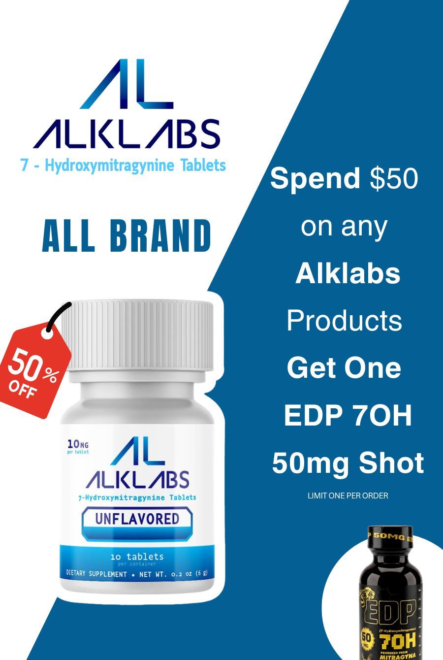 AlkLabs promotion for 50% off on products with a supplement bottle image.