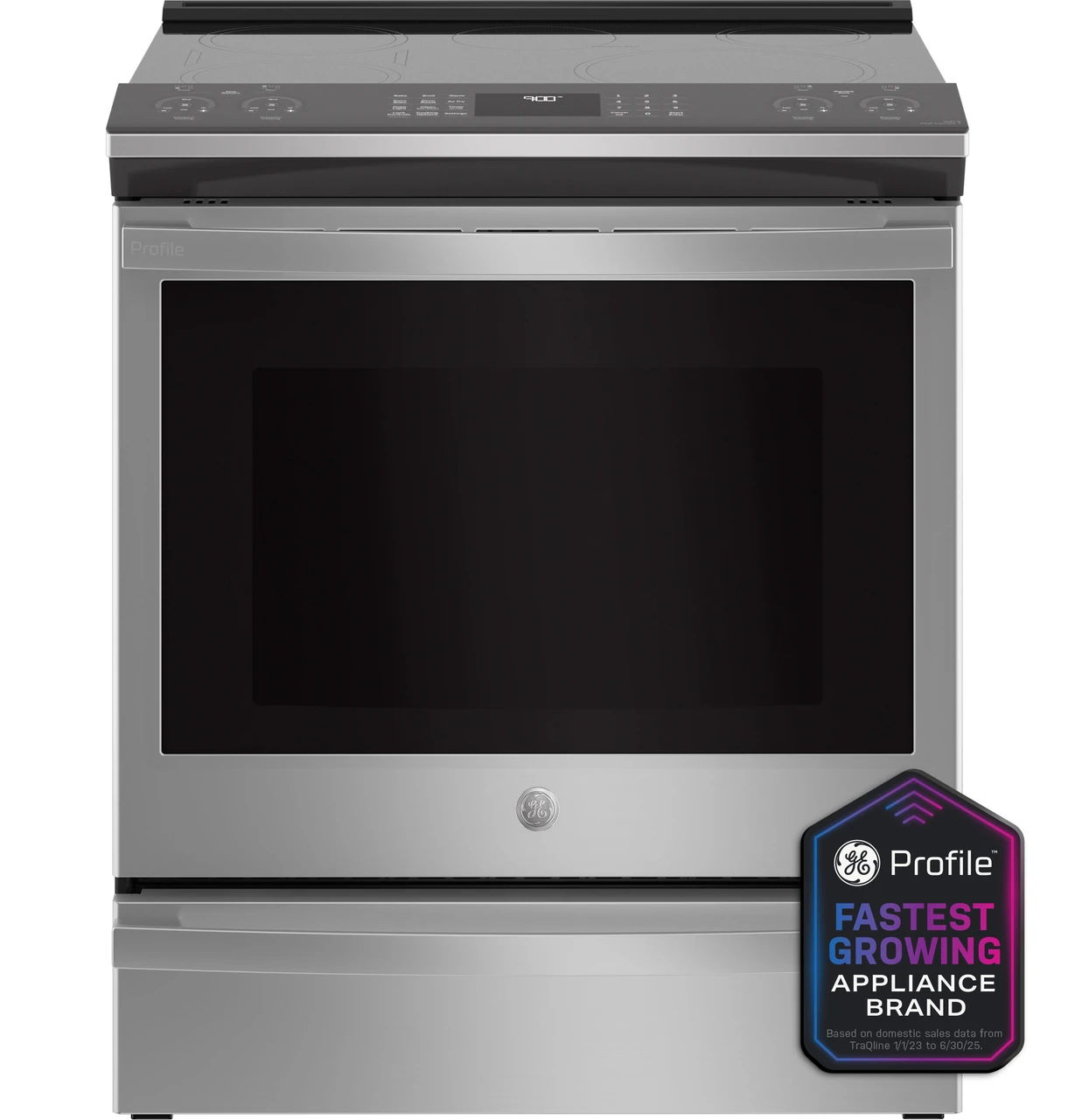 Stainless steel kitchen range with a digital display and logo.
