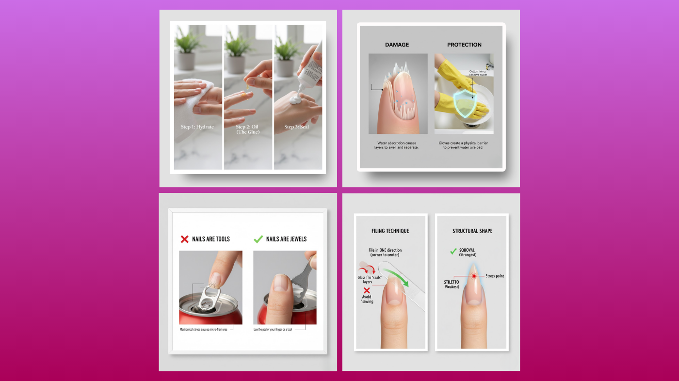 Illustration showing daily habits to make nails stronger, including moisturizing nails and cuticles, protecting hands from water and chemicals with gloves, gentle filing, and avoiding using nails as tools.