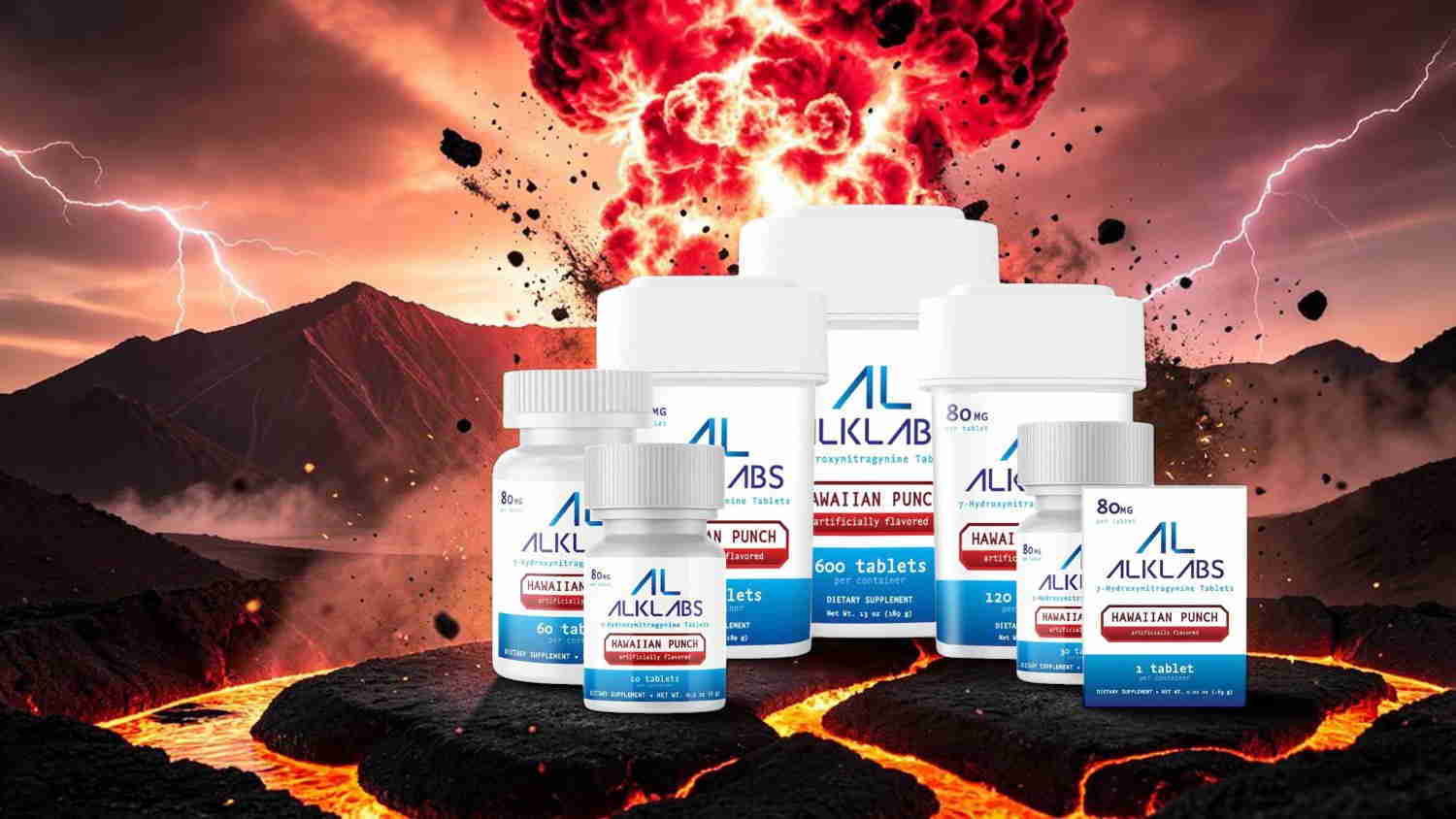 Bottles of supplements in front of a volcanic eruption background.
