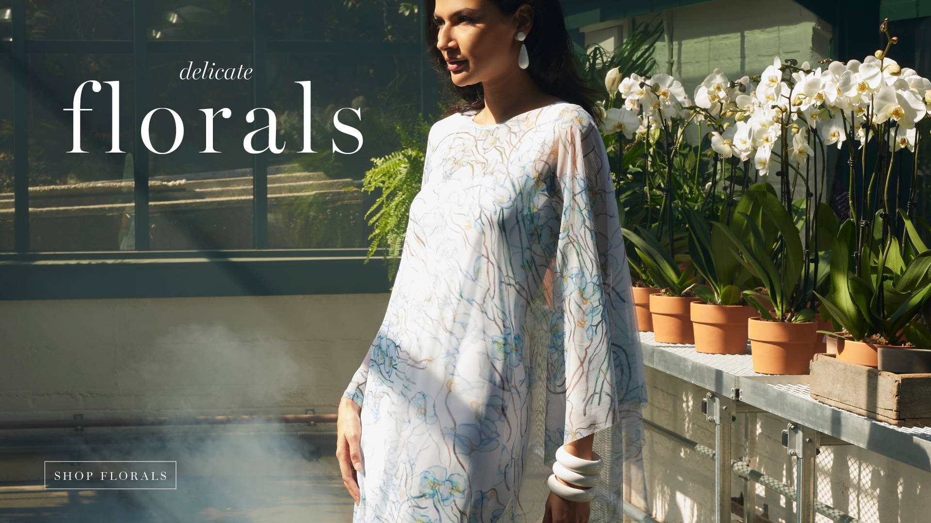 delicate florals | Shop florals | woman wearing white orchid printed mesh dress topper kaftan over long stretch knit dress | Shop Florals