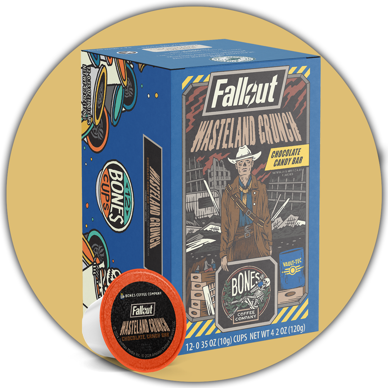A box of Bones Cups flavored coffee inspired by Fallout named Wasteland Crunch. Its flavor is chocolate candy bar. On the art is The Ghoul from the Fallout show, and there is a stylized head of The Ghoul near it alongside a chocolate candy bar. A light brown circle is behind it.