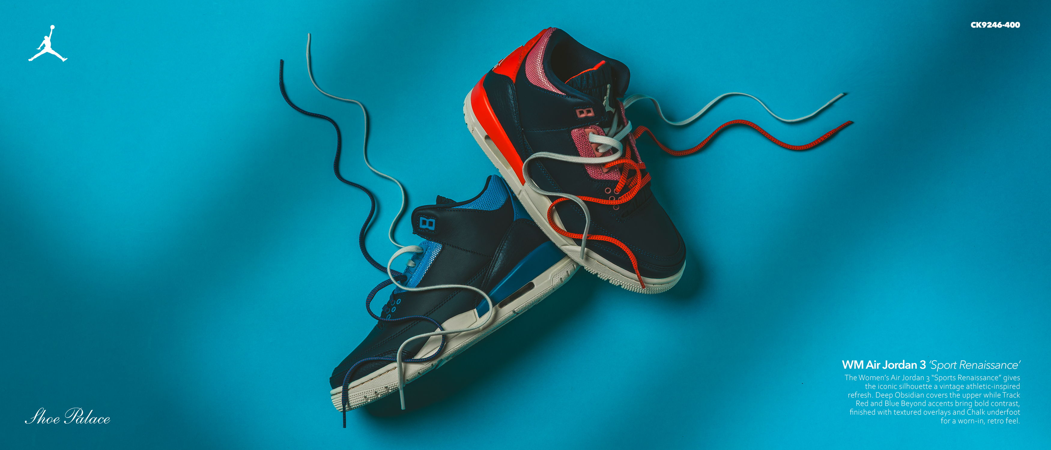 A pair of stylish sneakers with colorful laces on a blue background.