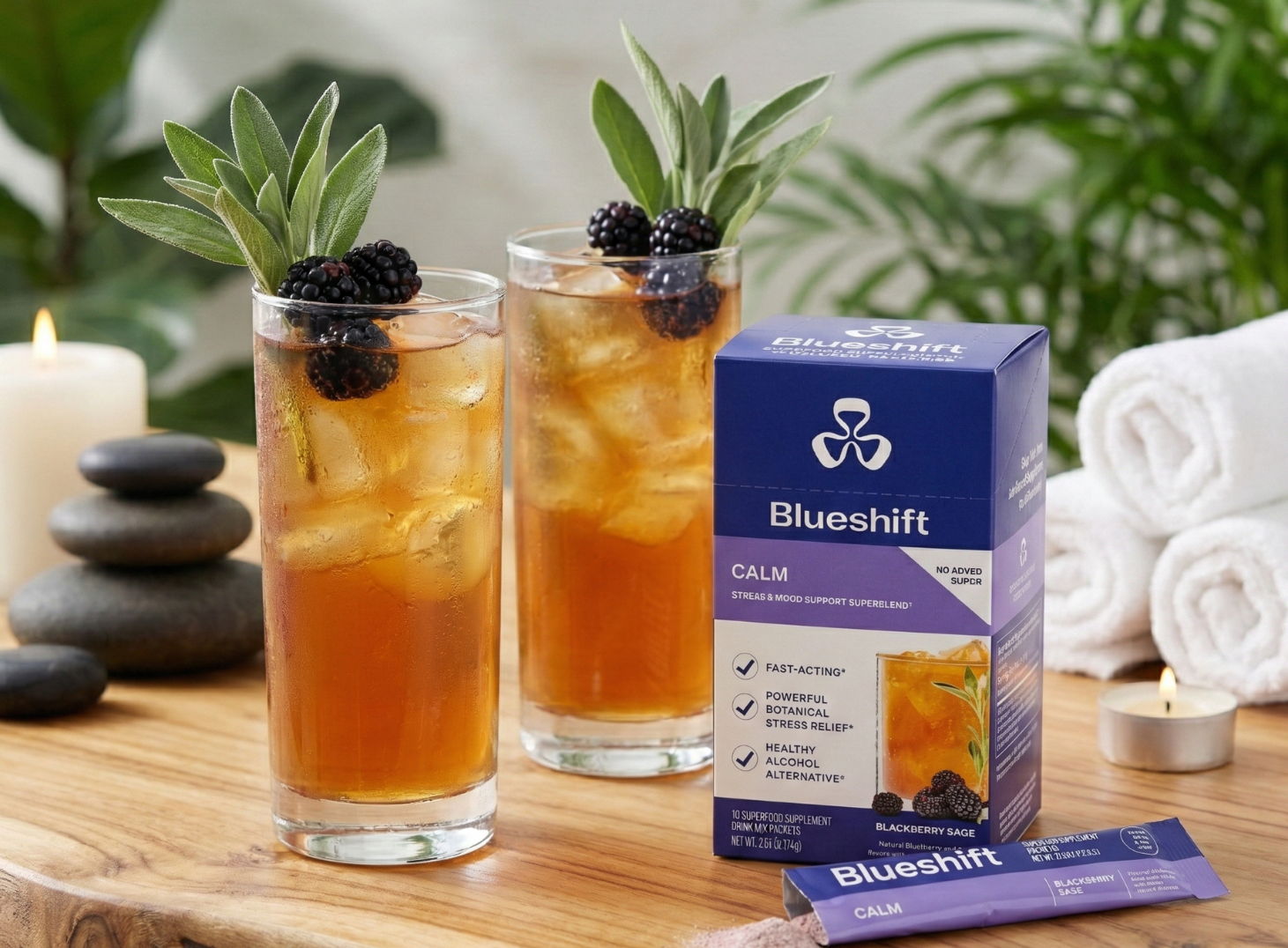 Blueshift Calm carton and stick pack next to prepared and garnished drinks, in a spa setting