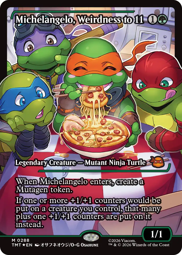 Four Ninja Turtles enjoying pizza with game text about Michelangelo.