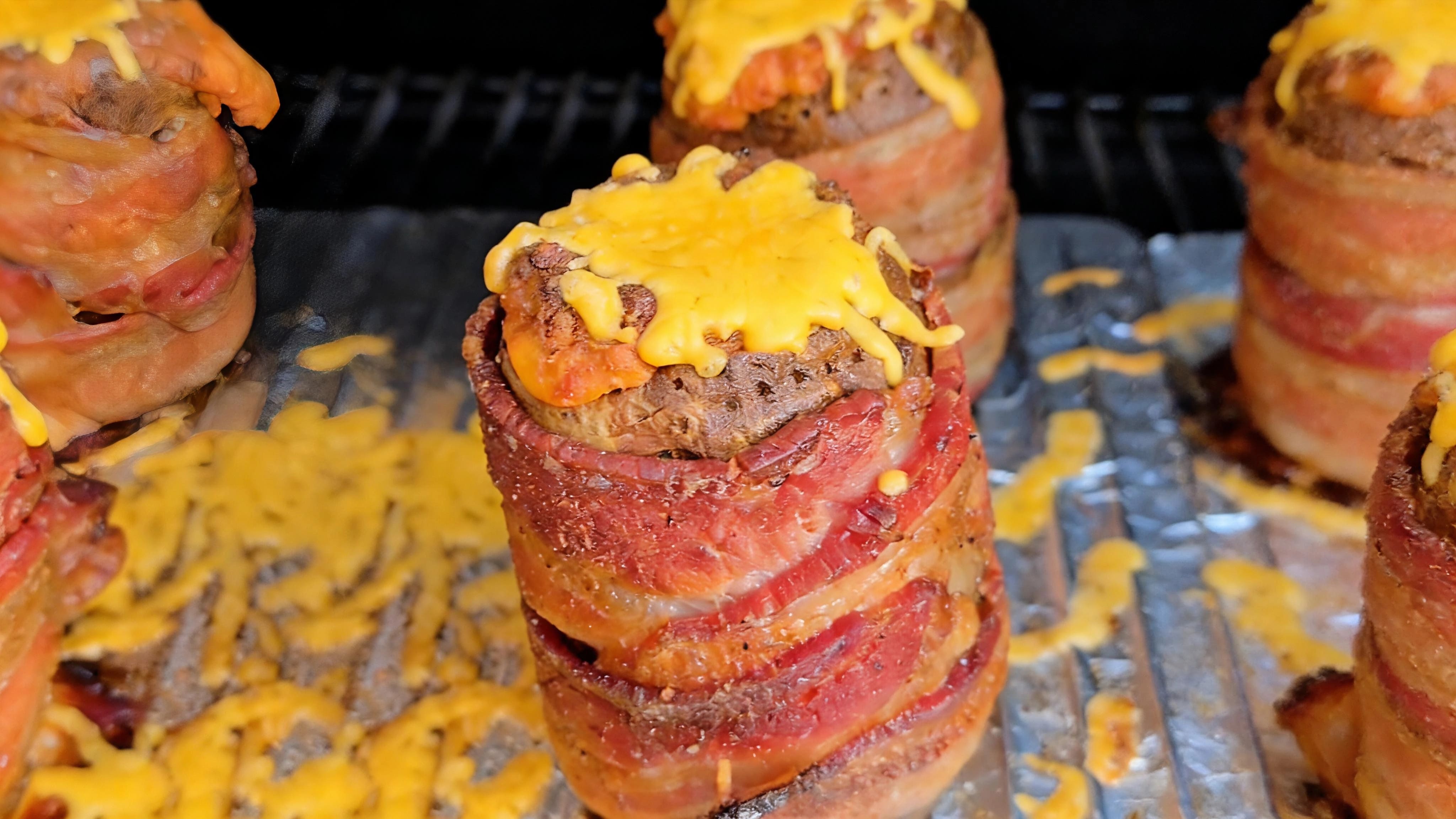 Bacon sausage volcano potatoes, potato tower, potato bacon, cheese potato bacon