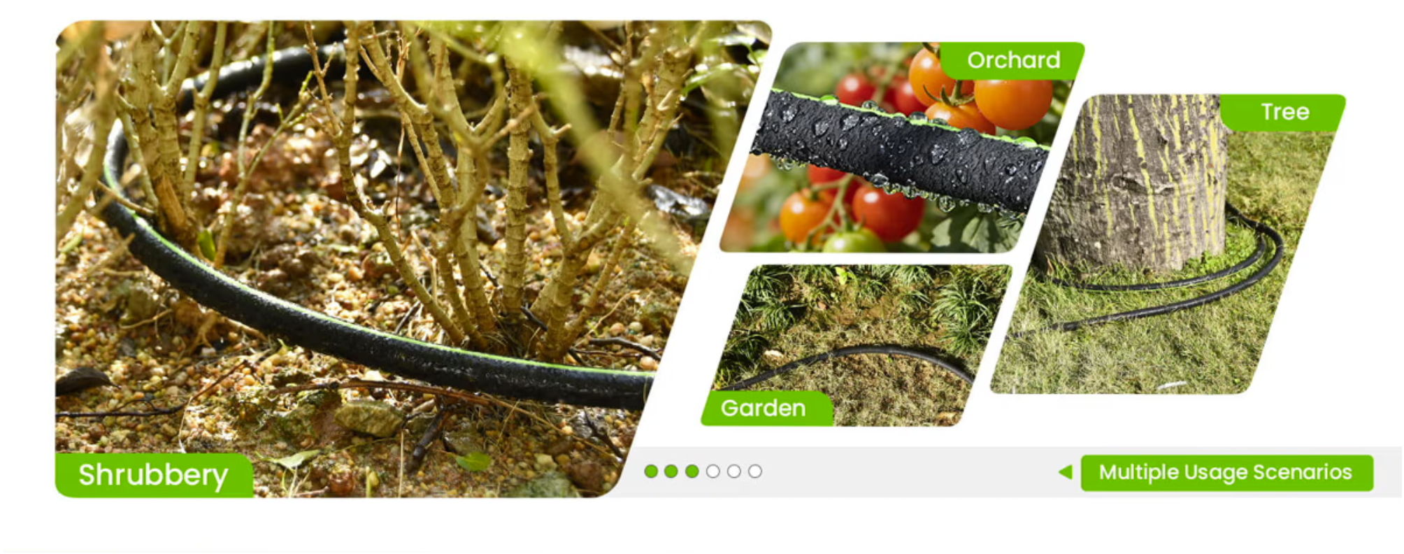 Irrigation tubing in a garden setting with plants and vegetables.