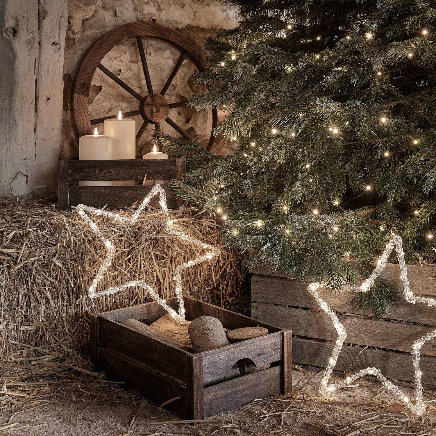 Star lights scattered throughout a barn with a Christmas tree