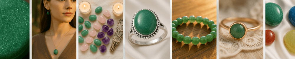 collage of aventurine guide images showing polished aventurine stone, woman wearing aventurine pendant and earrings, tumbled crystals with candles, aventurine rings, bracelet, and colorful mixed stones