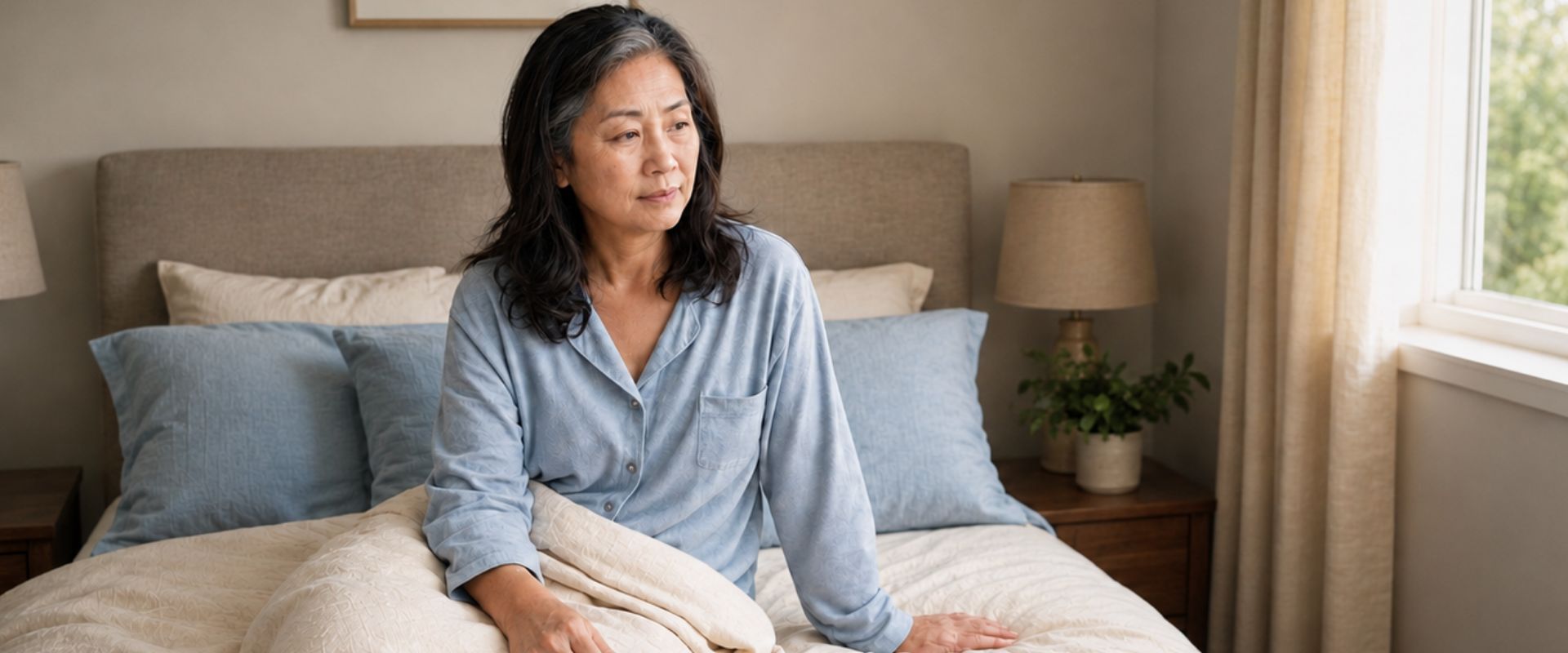 A woman sitting on a bed, looking contemplative in soft morning light.