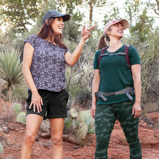 Two women hiking wearing in Sedona desert Aventura gear.