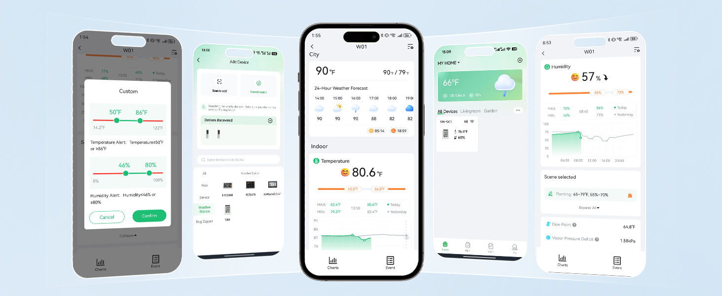 Screens displaying app interfaces on mobile devices against a light blue background.