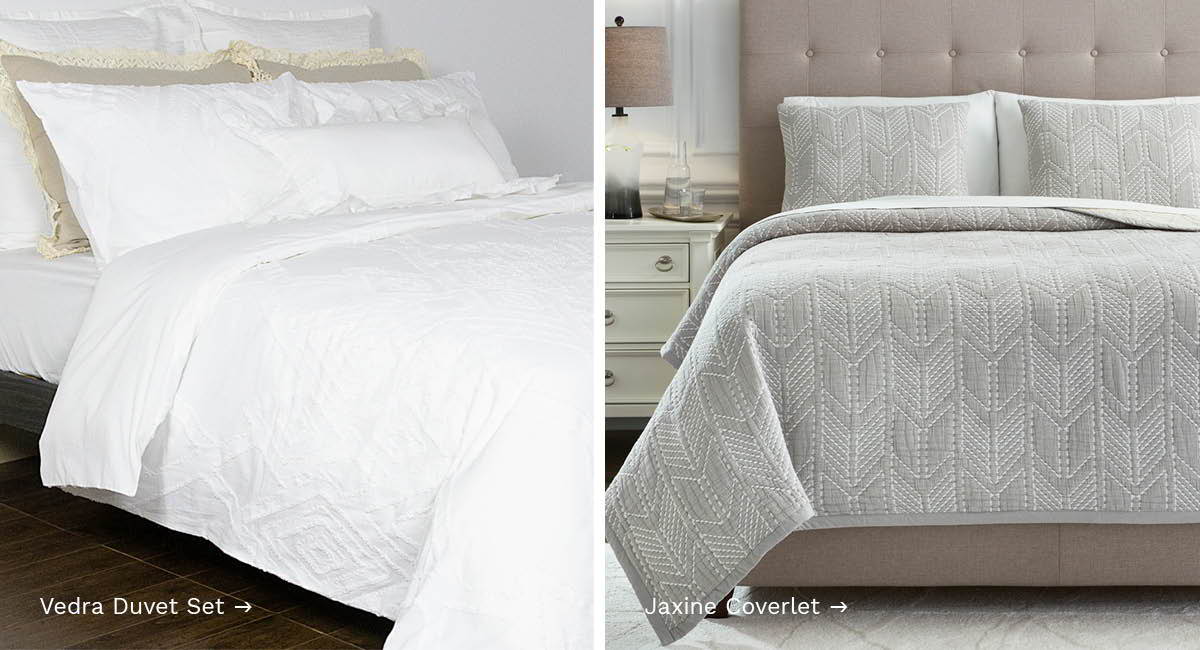 Duvet and coverlet sets in white and grey.