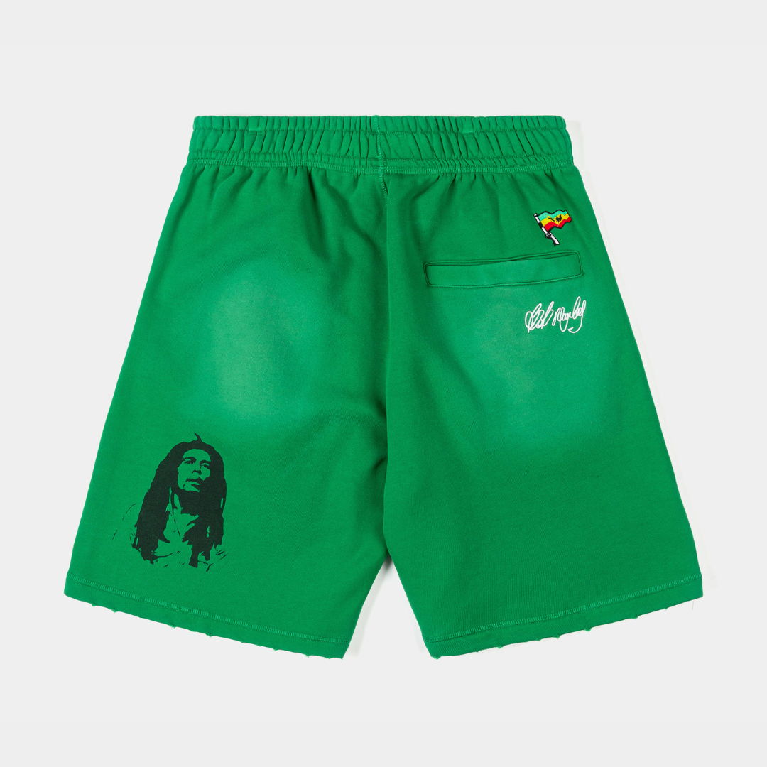 Green shorts with text and pockets, casual wear.