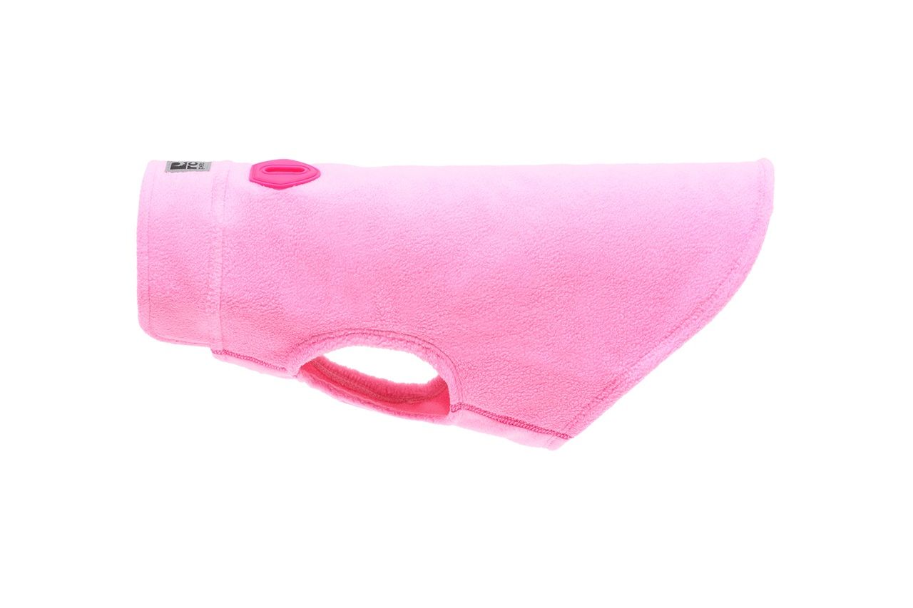 Pink dog coat with a button and handle.