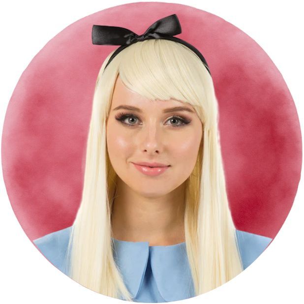 A red circle with an model wearing an Alice In Wonderland Wig. Click to shop all Book Week Wigs.
