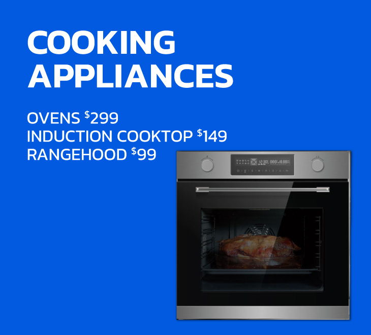 Cooking appliances with prices: ovens $299, induction cooktop $149, rangehood $99.