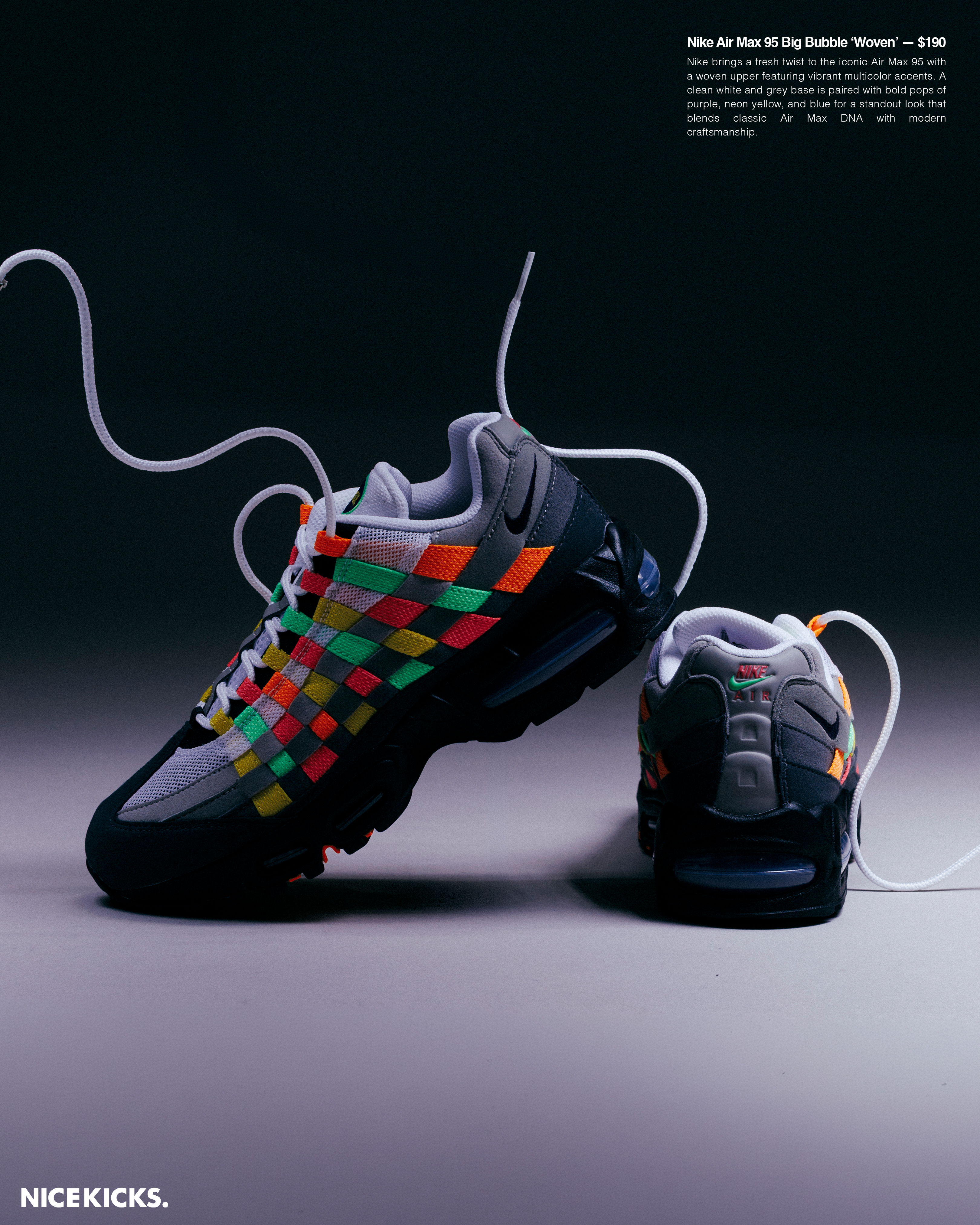 Colorful sneakers with laces against a dark background.