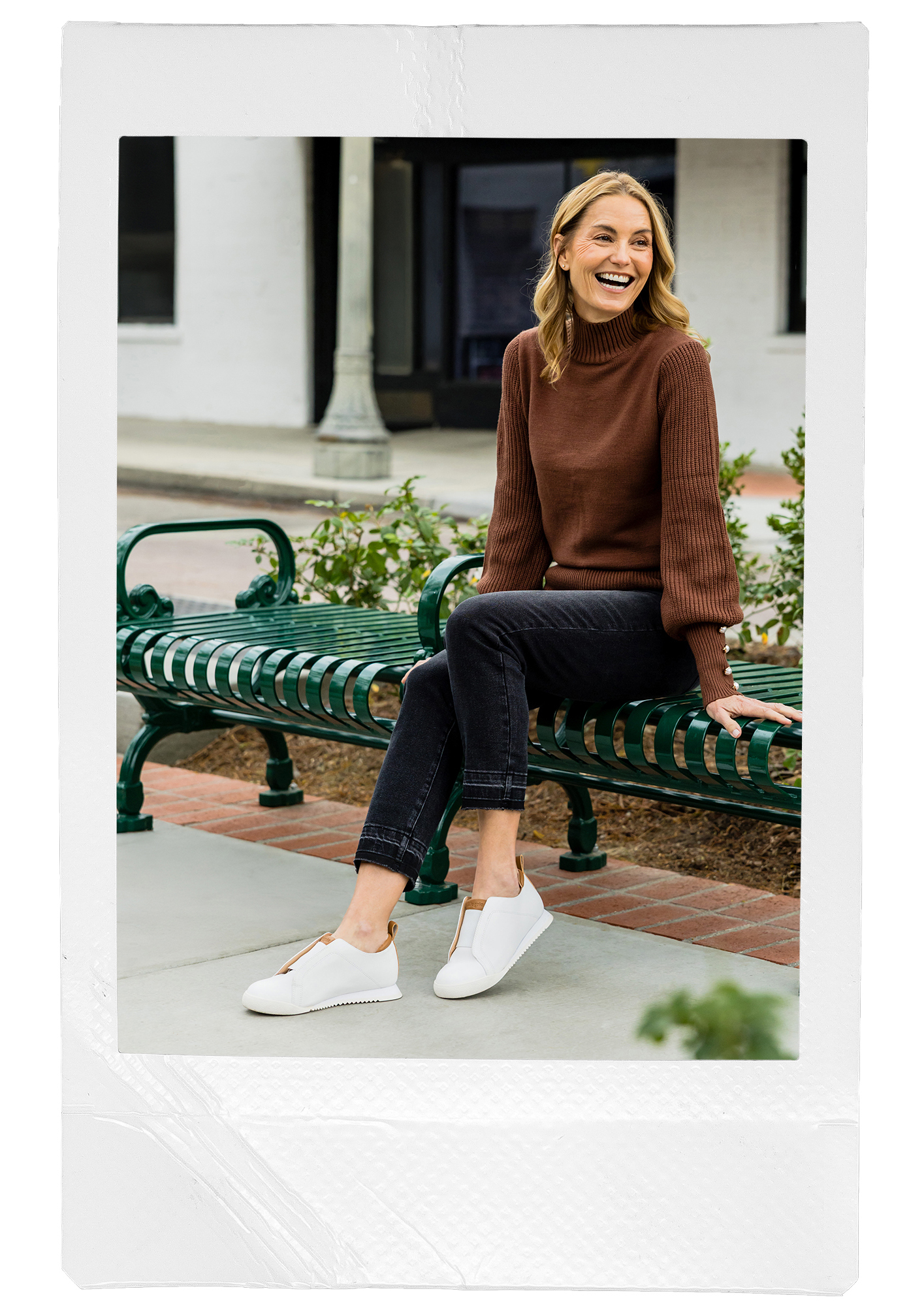 Model wearing Reah White Sneaker | Alegria Shoes