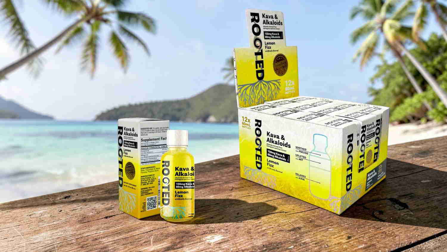 Product packaging displayed on a beach with palm trees in the background.