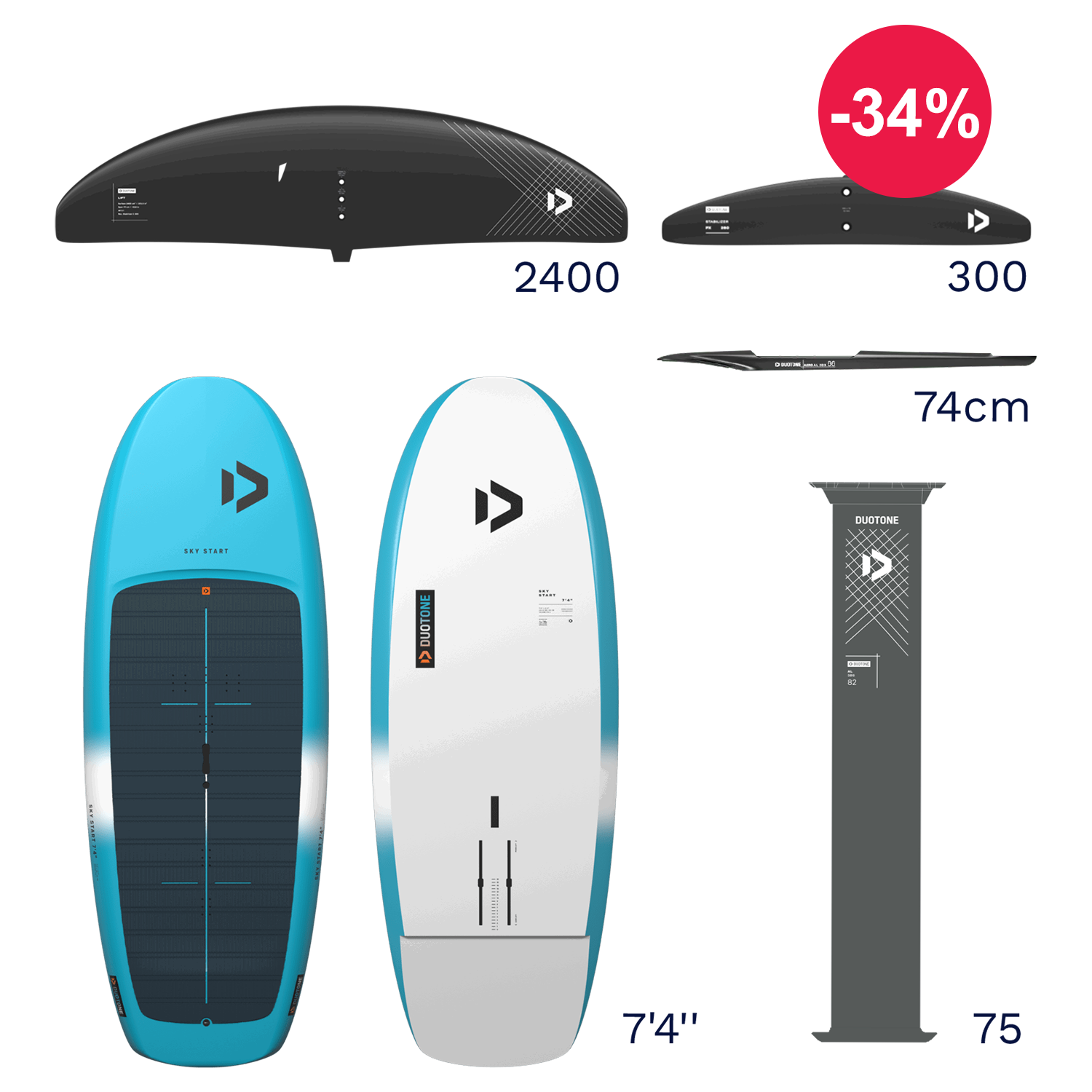 Image of a surfboard with dimensions and discount banner.
