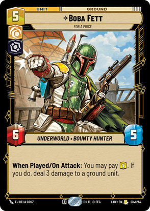Boba Fett card with stats and abilities in a fantasy game.