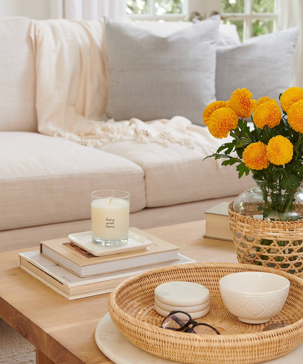 Rattan vase and serving tray in living room | The Little Market