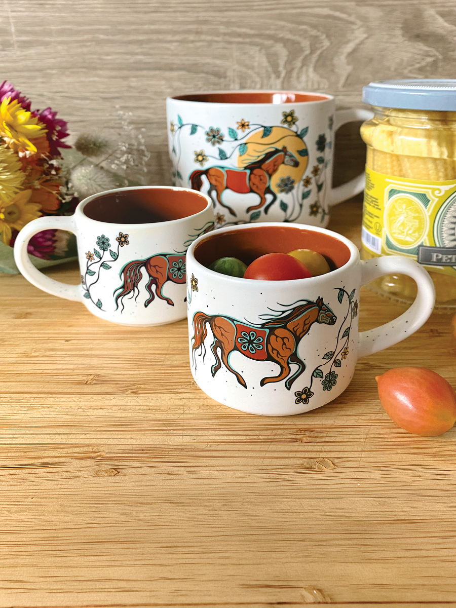 Horse (Bebezhigooganzhii) Ceramic Espresso Mugs by Storm Angeconeb, Lac Seul First Nation, Ojibwe