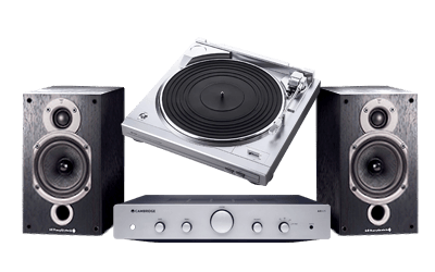 Turntable with speakers and amplifier in a modern audio setup.