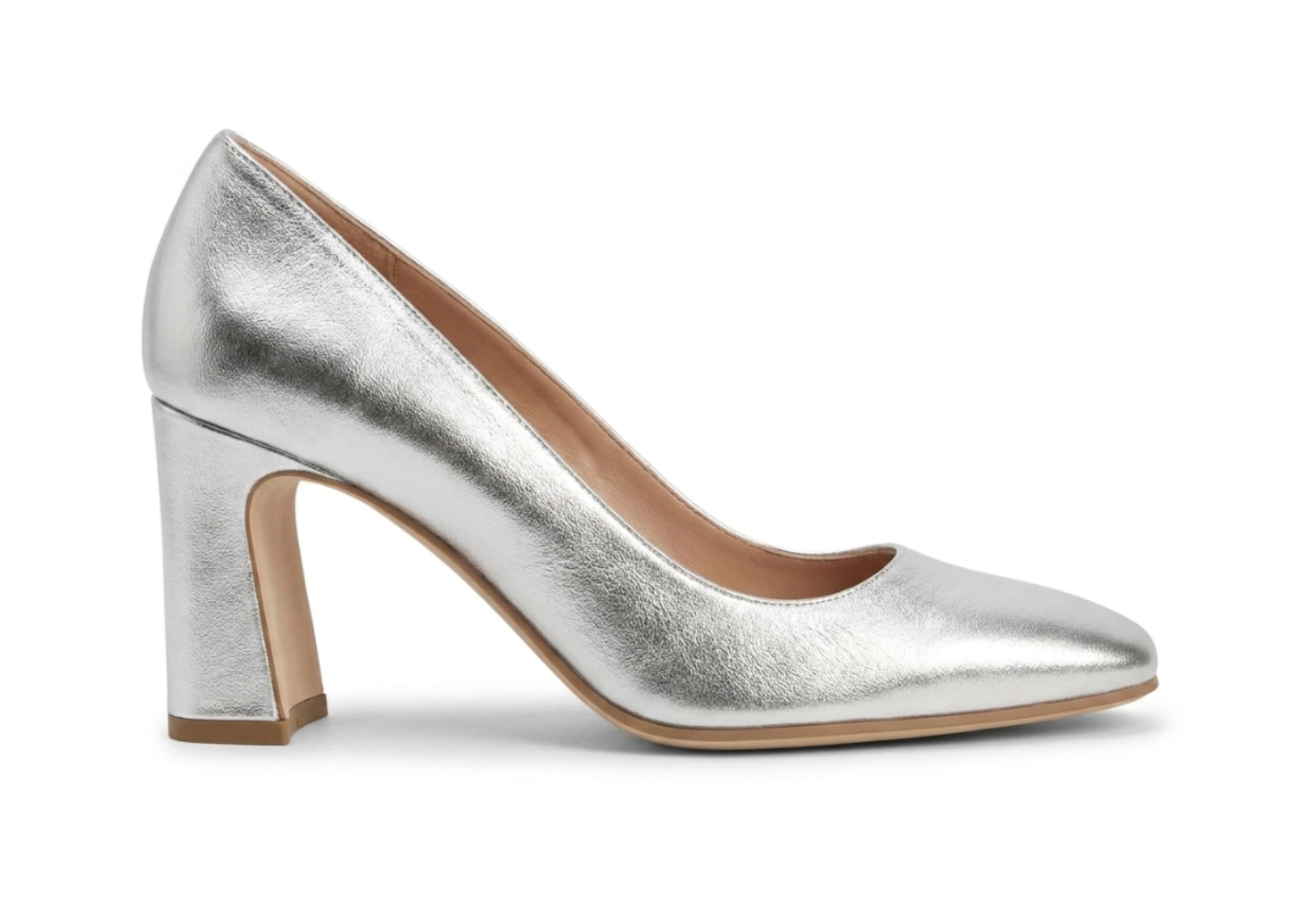 Silver high-heeled shoe with a chunky heel and pointed toe.