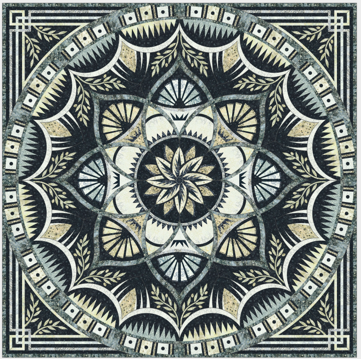 Intricate geometric pattern featuring floral designs in black, white, and beige.