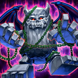 Yu-Gi-Oh! Blazing Dominion A monstrous stone figure with wings, chains, and glowing red eyes.