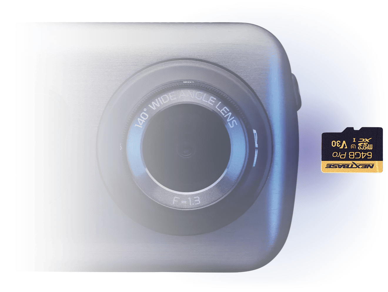 Compact camera with a lens and an SD card.