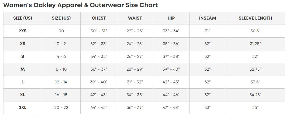 Oakley Women's Apparel Size Chart