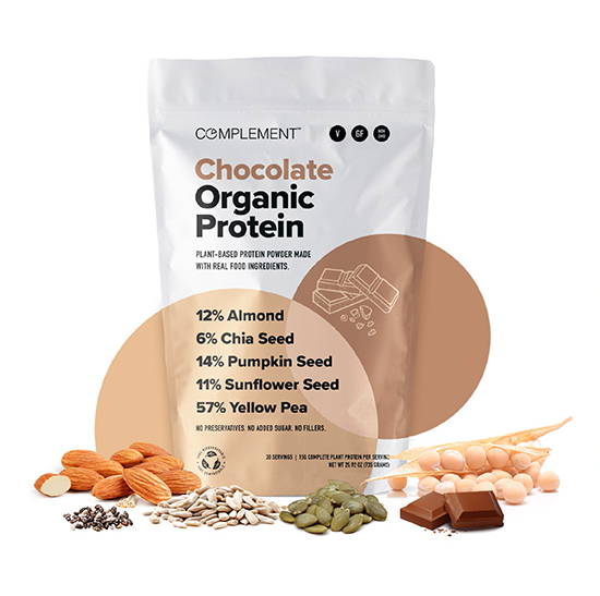 Chocolate organic protein 100% vegetarian vegan with almond, chia seed, pumpkin seed, sunflower seed and yellow pea.