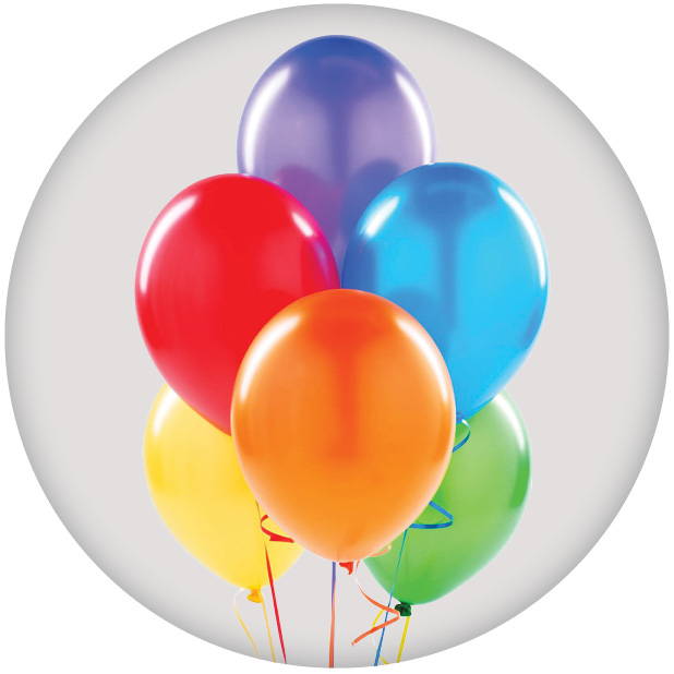 Image of six inflated multicoloured balloons. Shop all balloons.