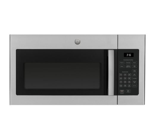 Stainless steel microwave with a black glass door and keypad.