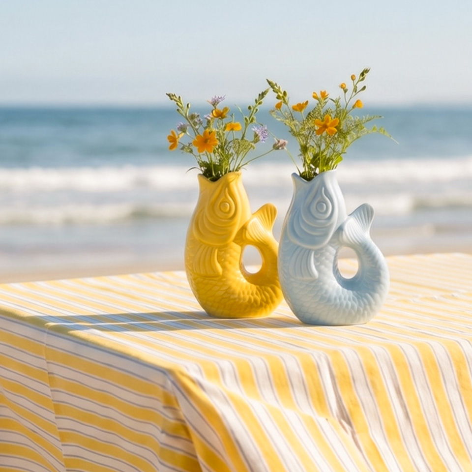 Two colorful vases with flowers on a striped table by the beach.