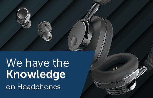 Headphones with text about knowledge on headphones.