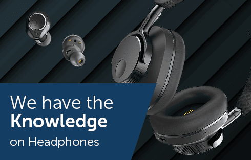 Headphones with text about knowledge on headphones.