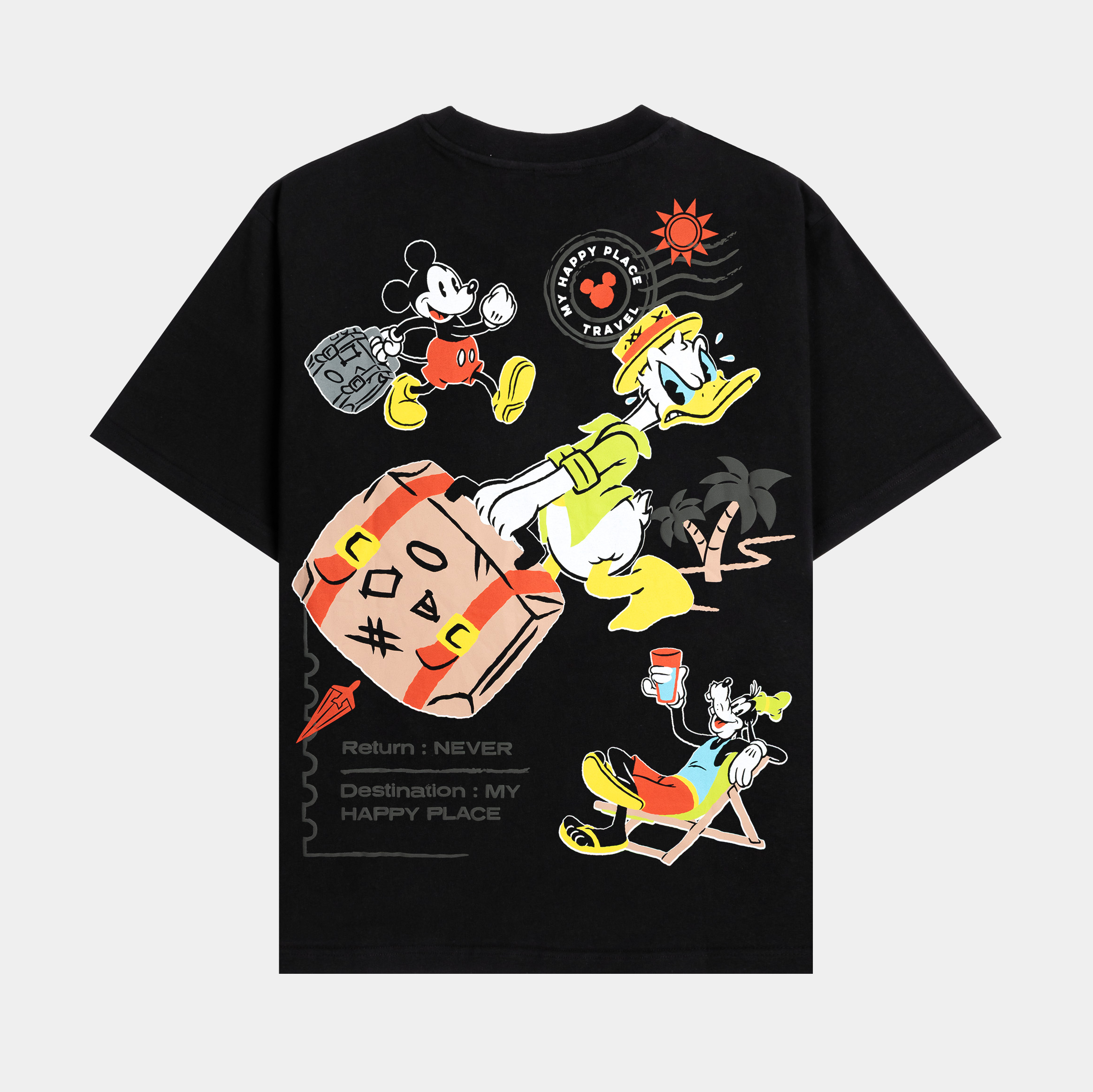 Black t-shirt with graphic prints on the front.