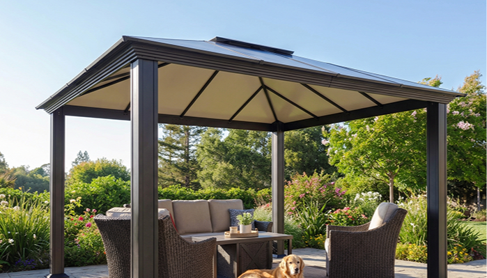 Outdoor gazebo with seating area and a dog resting on the floor.