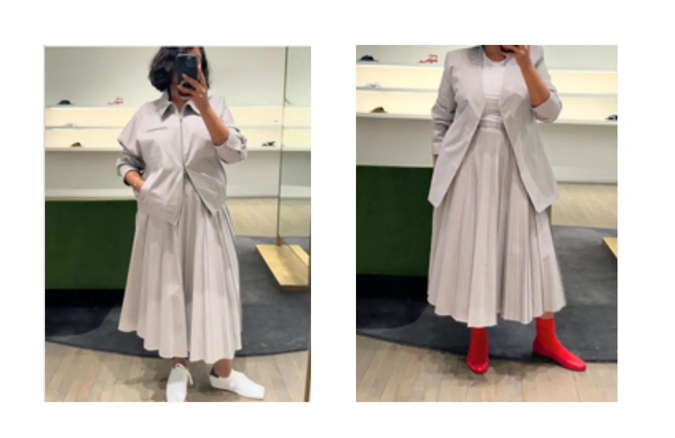 Two outfits displayed: one with white shoes, another with red boots.