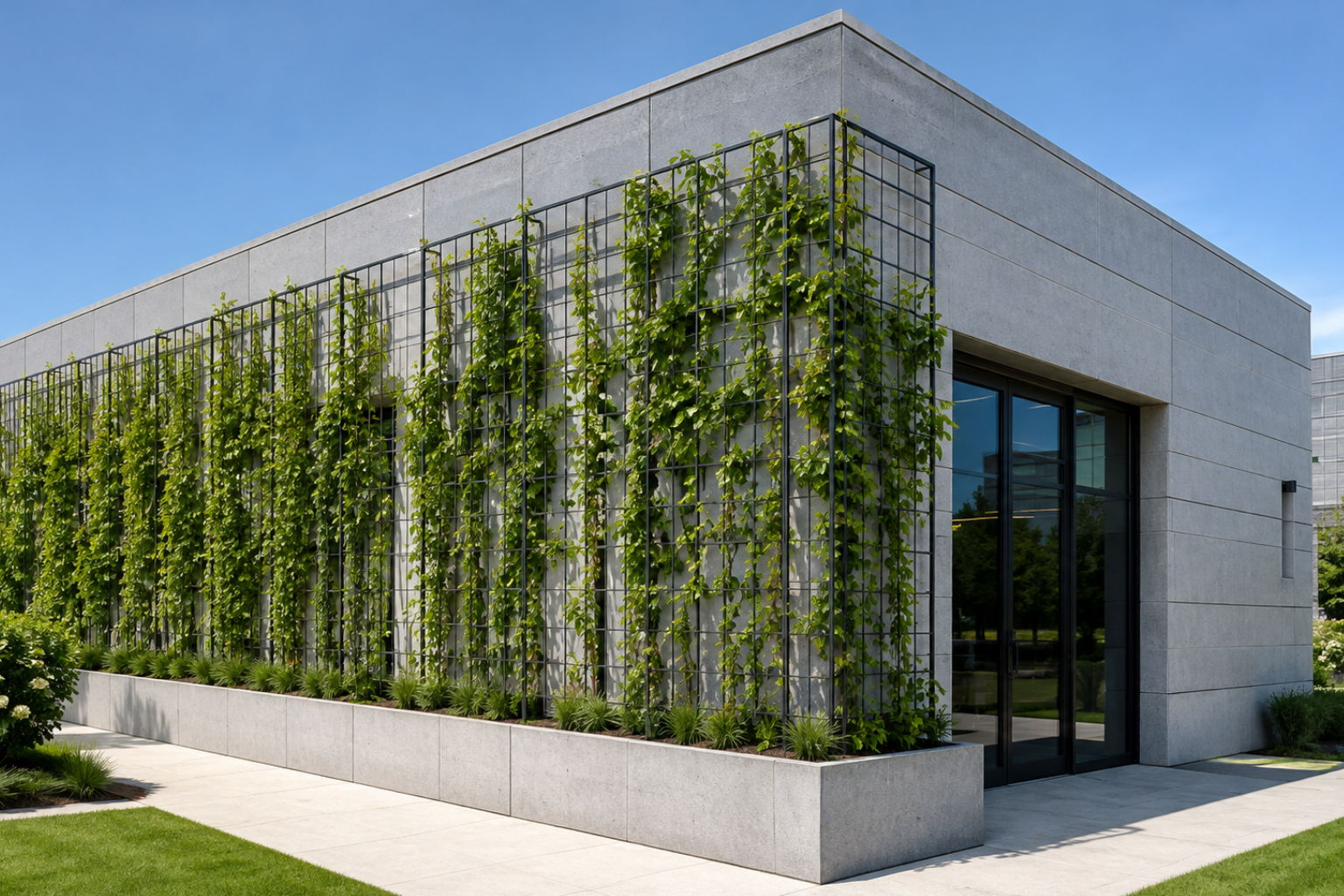 Modern building with greenery planted in modular planters with tall metal trellises with climbing greenery on the exterior and clear blue sky.