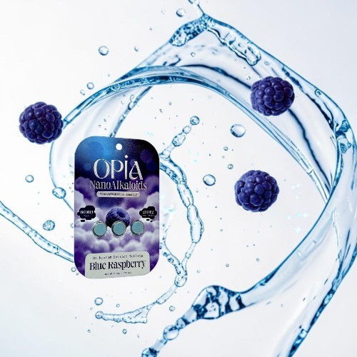 Product packaging surrounded by water droplets and floating purple spheres.
