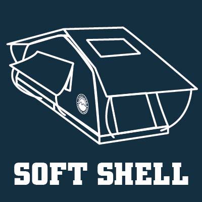 Line drawing of a soft shell camper or trailer with text below.