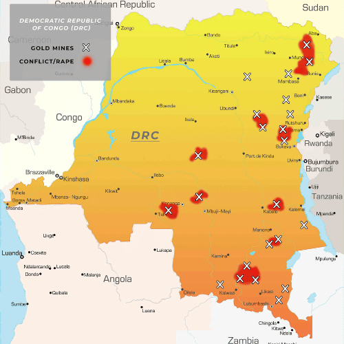 A map of Congo showing gold mining regions
